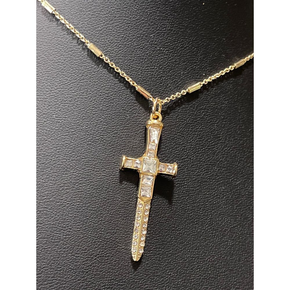 Gold Tone Rhinestones Sword Cross Pendant Necklace New - Picture 6 of 8